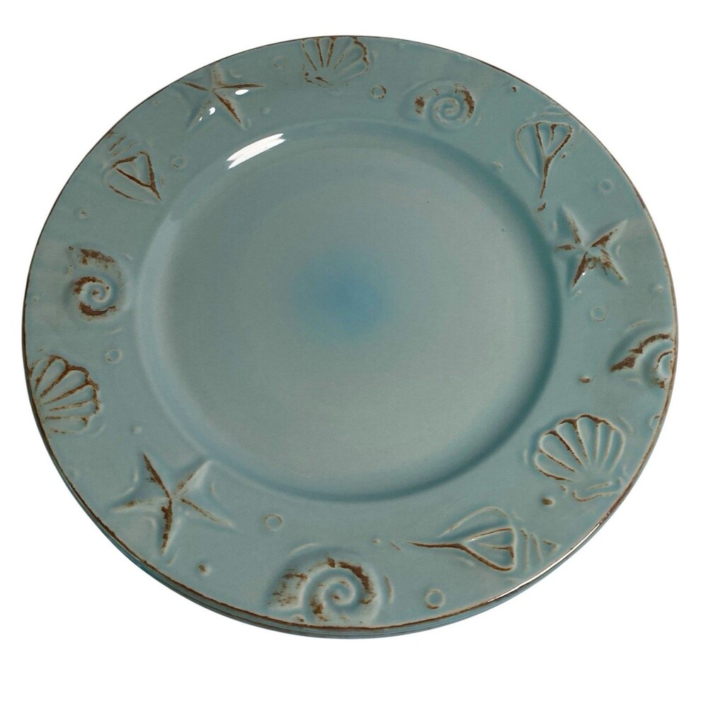 Thomson Pottery Cape Cod Aqua Blue Dinner Plates  10.5" Set of 2 Embossed Shells